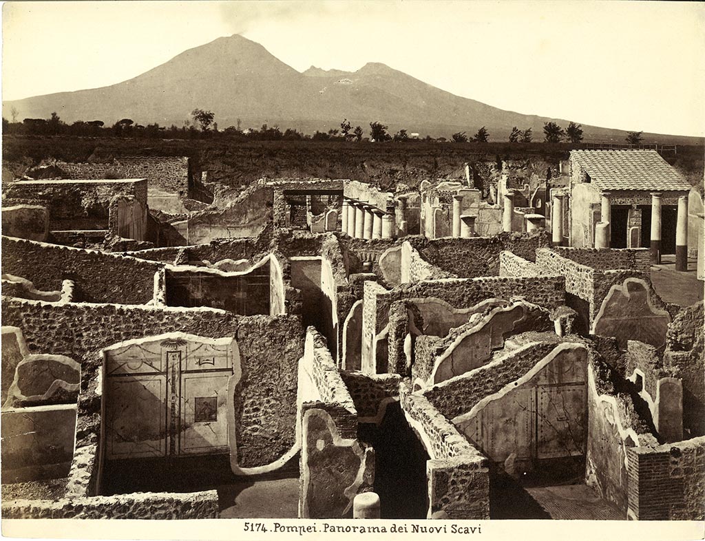 IX.8.c Pompeii. 19th century postcard numbered 5174. Looking north from the top of the unexcavated area.
IX.8.c is at the front of the photo. Behind is IX.8.b and at the rear is the House of the Centenary. Photo courtesy of Rick Bauer.