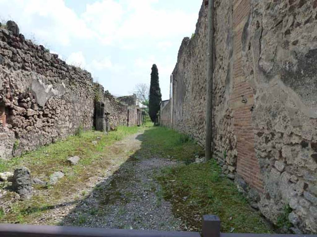 IX.9.1 Pompeii, (side wall) May 2010. Roadway, looking south. Side wall of IX.8