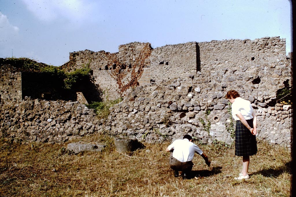 IX.9.6/10 Pompeii. 1964. West side of garden area. The flat block on the left in front of the wall is a money chest base.
Photo by Stanley A. Jashemski.
Source: The Wilhelmina and Stanley A. Jashemski archive in the University of Maryland Library, Special Collections (See collection page) and made available under the Creative Commons Attribution-Non Commercial License v.4. See Licence and use details.
J64f1240