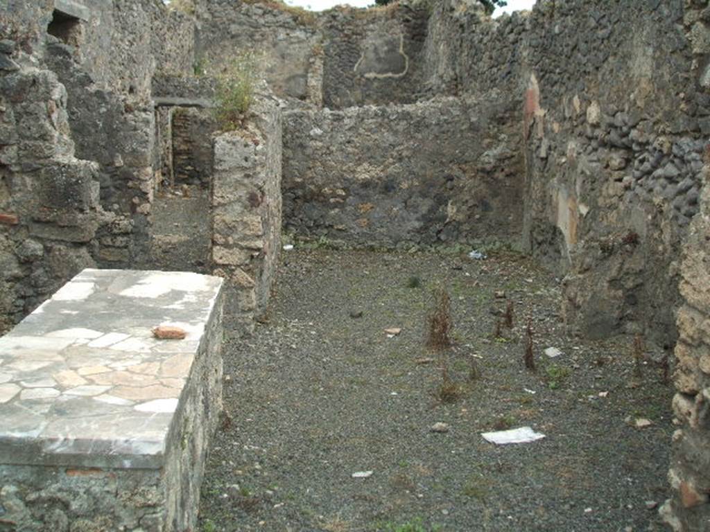 IX.9.8 Pompeii. May 2005. Looking south across bar-room to rear room. According to NdS, opposite the entrance opened the rear-room intended for the customers. On the right pilaster of the doorway to this room, a figure of Mercury (0.62 high) was found painted on a red background. He was shown with wings on his helmet and feet, and a green mantle wrapped around his left arm. In his left hand he held a staff, and in the right hand he held his purse. At his feet was a cockerel in the act of crowing. The figure of the cockerel was not without grace. The room was decorated with red and yellow panels, and in the rear ,south wall, was observed a painting (0.84 high x 0.33 wide) showing the three graces.
The painting was found largely destroyed.
See Notizie degli Scavi, 1889, p.126
Items found in this rear room included a bronze corroded Imperial coin, a bronze ornamental head of a tiger, and an iron hoe.
See Notizie degli Scavi, 1888, p.523