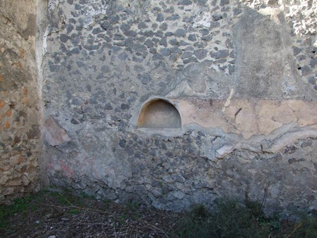 IX.9.11 Pompeii. March 2009. Room 7, niche in north wall of triclinium. According to NdS, the triclinium was lit by the large window from the garden area. Both the floor and the high zoccolo (dado) were of signinum, and the walls had a layer of white plaster. Buried in the north wall zoccolo, was a semicircular niche, faced internally with crushed brick (mattone pesto).
See Notizie degli Scavi, 1891, p.262-3