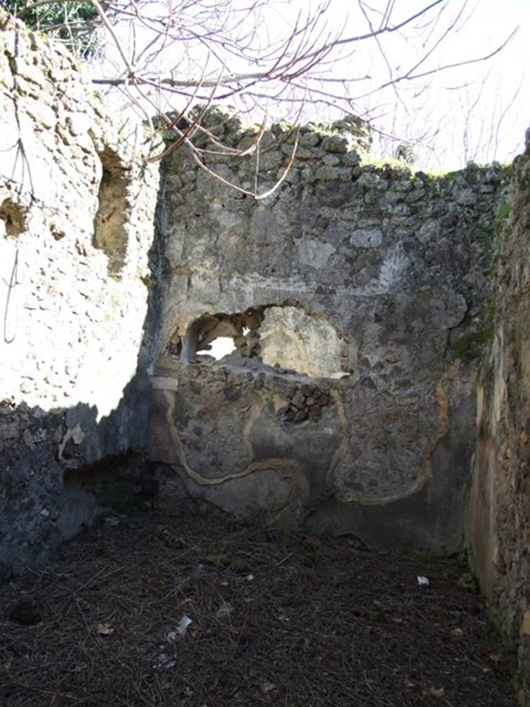 IX.9.11 Pompeii. March 2009. Room 2, south wall of cubiculum. According to Boyce, this room housed an unusual sacellum. The south wall was coated with poor white stucco, and in it were set three arched niches. A larger niche was in the centre, with a smaller one on either side. All were coated with white stucco. In the street wall was yet another niche, formed by bricking up a former window. Thus the room was left without any windows. The recess in the south-east corner must date from when the room was a simple cubiculum. See Boyce G. K., 1937. Corpus of the Lararia of Pompeii. Rome: MAAR 14. (p.92, no.462)