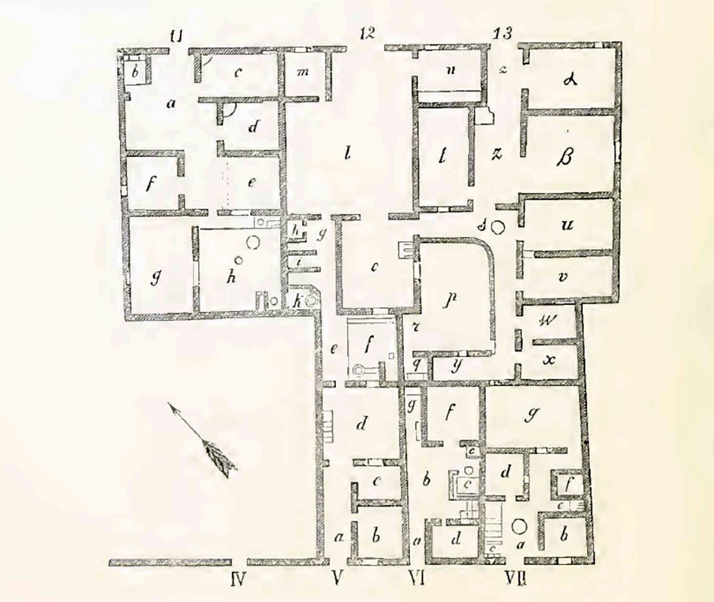 IX.9.11, 12 and 13 Pompeii. Plan of insula IX.9, as seen in Notizie degli Scavi, 1891. 
The lower numbers on the plan can be identified (on our website) as �
IV  = IX.9.d
V   = IX.9.e
VI  = IX.9.f
VII = IX.9.g
See Notizie degli Scavi di Antichit�, 1891 (p.254).
