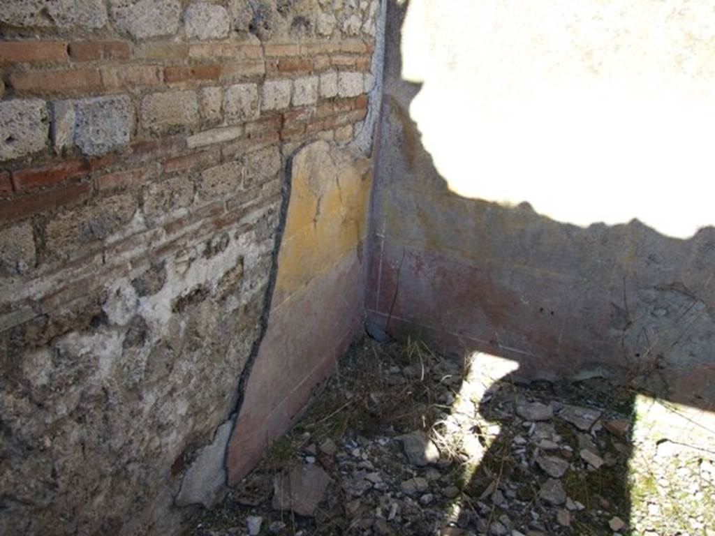 IX.9.a Pompeii. March 2009. North-east corner of cubiculum “i”. This bedroom was described as having flooring of crushed brick (mattone pesto) and with pieces of coloured marble of various forms and sizes added to it. The walls were plastered, with a yellow background in the middle part, with a white frieze and red plinth or dado. In the middle of the yellow panels were rather crudely painted doves. See Notizie degli Scavi, 1888, p.515.