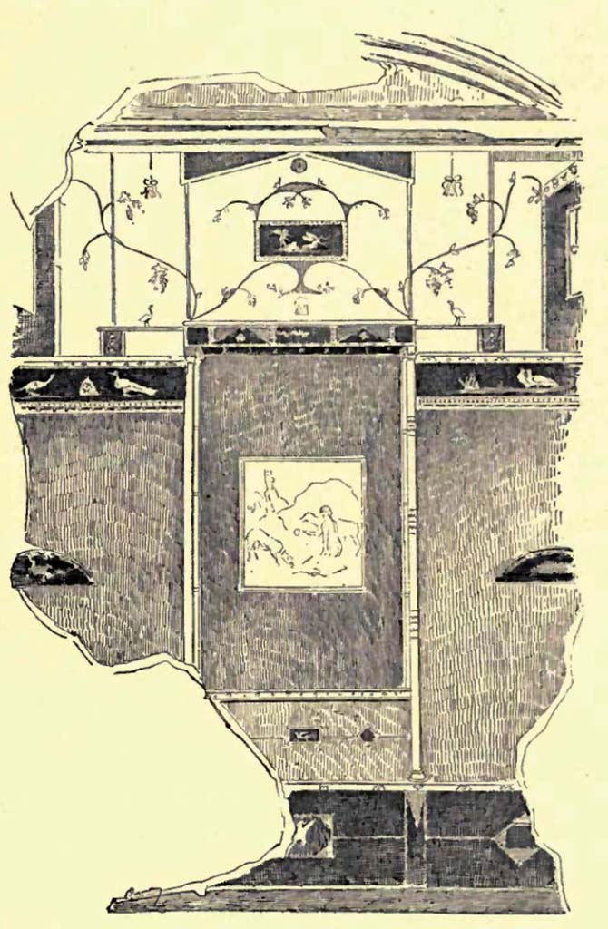 IX.9.c Pompeii. c. 1900. Drawing/Painting by Pierre Gusman of west wall of cubiculum.
Gusman describes it as Decoration: Third style, Black Dado; Red Panels; White, Red and Black Frieze.
See Gusman P., 1900. Pompeii: The City, Its Life & Art. London: Heinemann, p. 325.