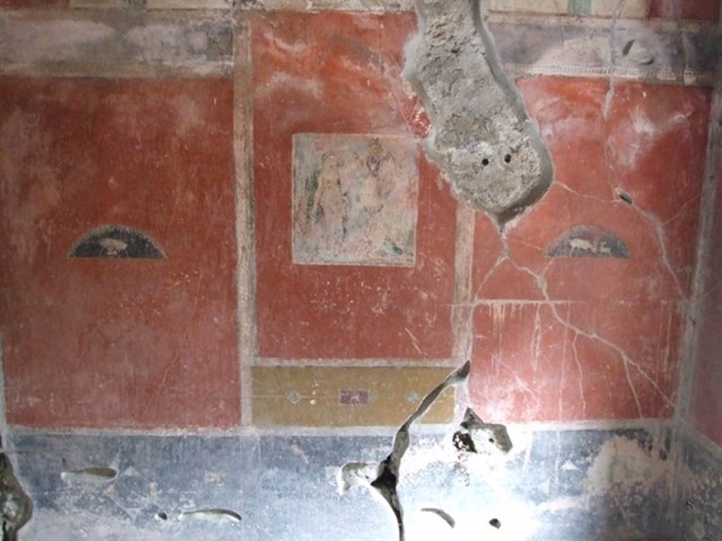 IX.9.c Pompeii. March 2009. East wall of cubiculum. According to NdS, in the central panel of the east wall was a painting (0.42 high x 0.41 wide) which showed a winged Nike and trophaion. In the side panels were lunettes on a black background showing animals with their young. The lower plinth or dado (zoccolo) was black.
See Notizie degli Scavi, 1889, p.127.