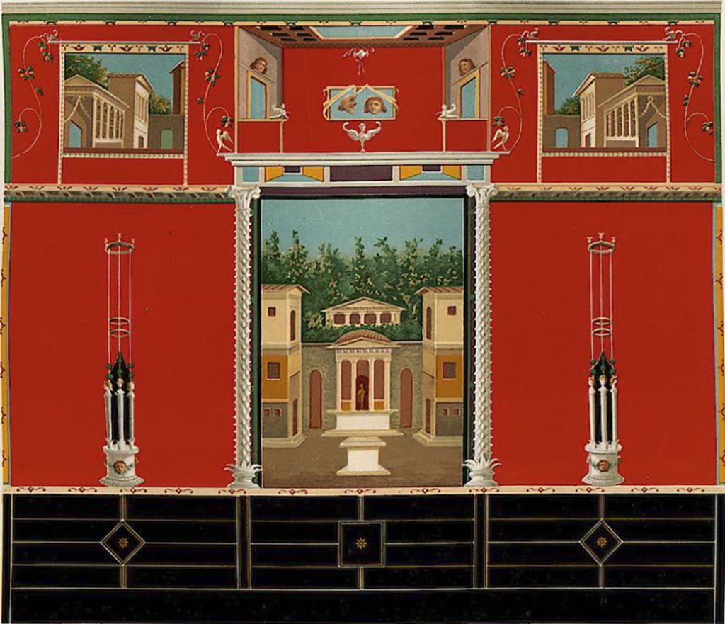 IX.9.c Pompeii.
1896 reproduction of west wall of triclinium, with central painting of a sanctuary with a statue of a divinity, but without figures.
See Niccolini F, 1896. Le case ed i monumenti di Pompei: Volume Quarto. Napoli. 2, pl.17.