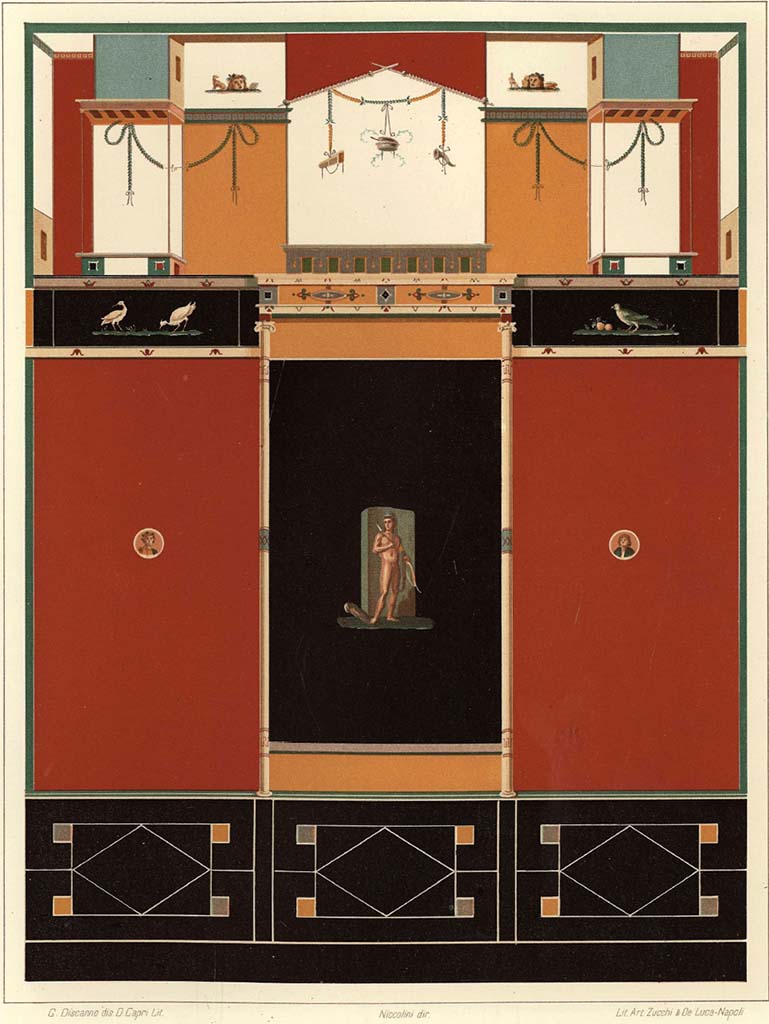 IX.9.c Pompeii. West wall of cubiculum, as painted by Niccolini.
See Niccolini F, 1896. Le case ed i monumenti di Pompei: Volume Quarto. Napoli. Nuovi Scavi, Tav. X, and description p.37.