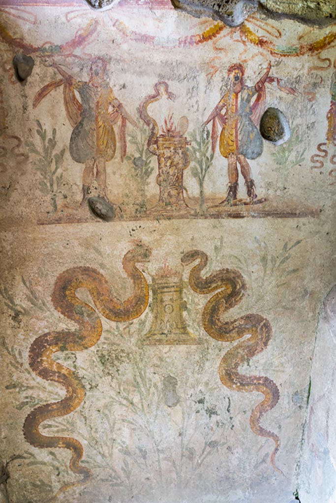IX.9.c Pompeii. March 2023.
Lararium on north wall of kitchen. Photo courtesy of Johannes Eber.