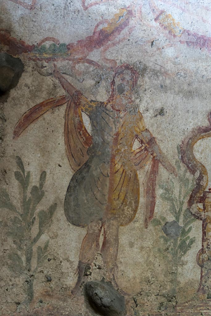 IX.9.c Pompeii. March 2023.
Detail of Lar on west side of painted altar. Photo courtesy of Johannes Eber.