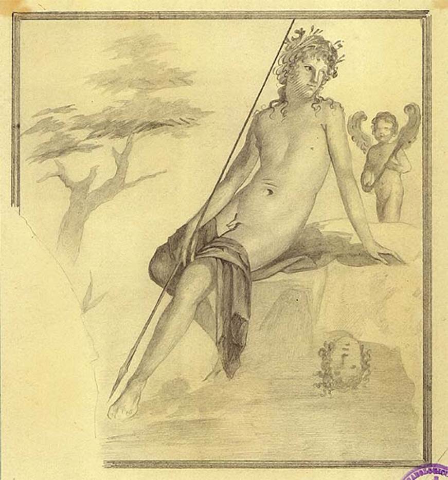 IX.9.d Pompeii. Room f, tablinum. Sketch of painting of Narcissus.
DAIR 83.385. Photo © Deutsches Archäologisches Institut, Abteilung Rom, Arkiv. See http://arachne.uni-koeln.de/item/marbilder/5343225