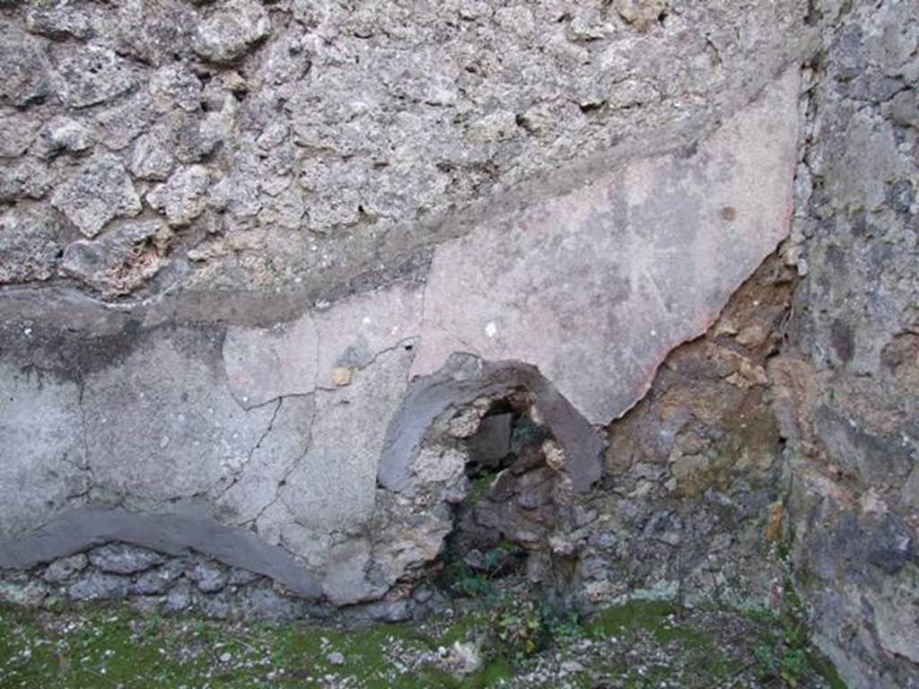 IX.9.d Pompeii. March 2009. Room k, remaining plaster above bench on south wall of kitchen. According to Schefold, a sacred landscape was found painted on this wall.
See Schefold, K., 1962. Vergessenes Pompeji. Bern: Francke. (p. 153f. and Taf. 152,3. 153,1)