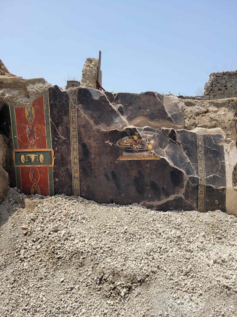 IX.10.1 Pompeii. June 2023. Atrium 2 west wall during excavation.
IX.10.1 Pompeii. Giugno 2023. Atrio 2 parete ovest durante lo scavo.
Photograph © Parco Archeologico di Pompei.

