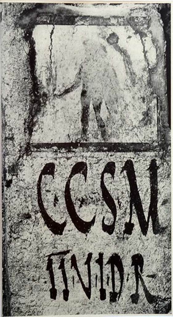 IX.11.7 Pompeii. Old photo from early 1900’s. Painting of Hercules and CIL IV 7884.
Front wall on west side (left) of entrance doorway, between IX.11.6 and IX.11.7.