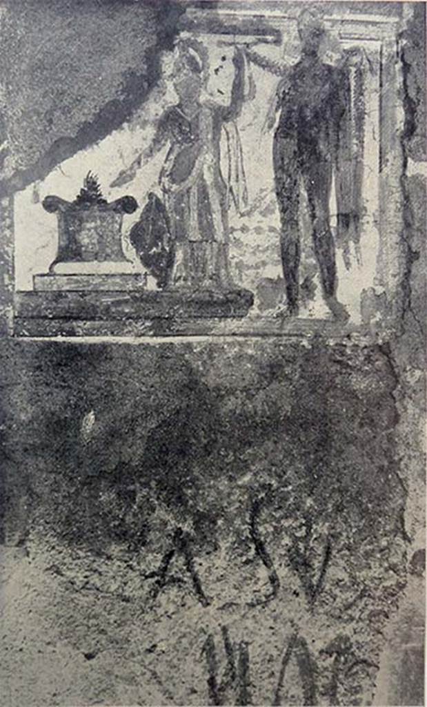 IX.11.7 Pompeii.
1915 excavation photograph of middle and oldest phase of painting from east (right) pilaster.
Minerva, on the left, and Hercules, on the right.
According to NdS,
IX.XI.7. Also here, the cold/frost/wet has made the whitewash layer fall in small flakes and the painting of Hercules (see NdS, 1912, p. 63) that was on the right doorpost of the indicated entrance doorway, has brought back to light a more ancient sacred painting.
In a yellow frame threaded with red, and with green garlands hung on top and falling to the sides, we see standing Minerva, the lance in the left hand held up high, helmet on head, shield resting on the right leg, the right hand lowered, in the act of pouring something from a blue jug above the altar that was on her right. The goddess wears a tunic with alternating green and yellow bands and a mantle whose flap falls from the left elbow: she has bare arms, yellow as are the helmet and shield. Burning on the altar was a vivid red flame.
See Notizie degli Scavi, 11th February 1915, p.284-285