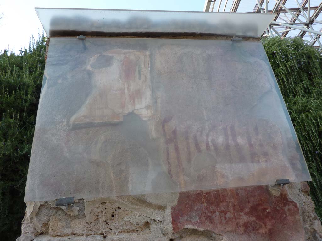 IX.11.7 Pompeii. October 2014.
Detail from east side (right) of doorway, with remaining painting of Hercules and graffiti between doorways to IX.11.7 and IX.11.8.
Foto Annette Haug, ERC Grant 681269 DÉCOR