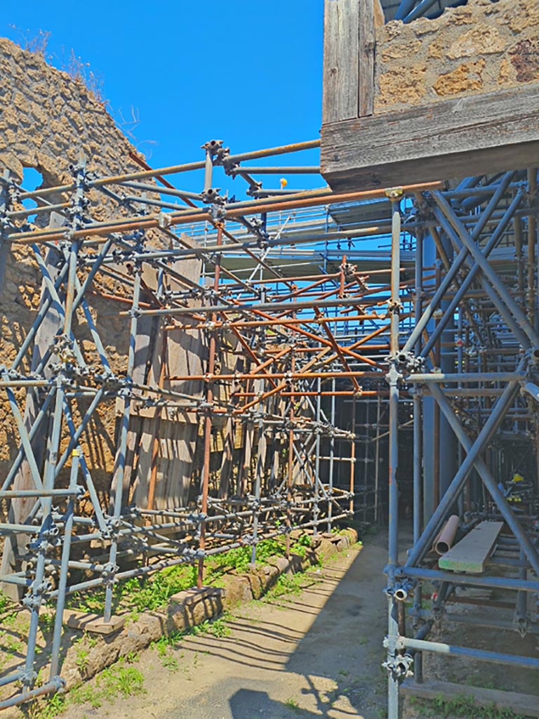 IX.11.8 Pompeii. June 2024.
Looking north along unnamed vicolo and exterior east wall of shop, from junction with Via dell’Abbondanza.
Photo courtesy of Giuseppe Ciaramella.
