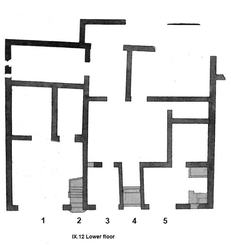 IX.12.1-5 Pompeii. Plan of lower floor and entrances after Spinazzola.
See Spinazzola V., 1953. Pompei alla luce degli Scavi Nuovi di Via dell�Abbondanza (anni 1910-1923). Roma: La Libreria della Stato, fig. 680.
