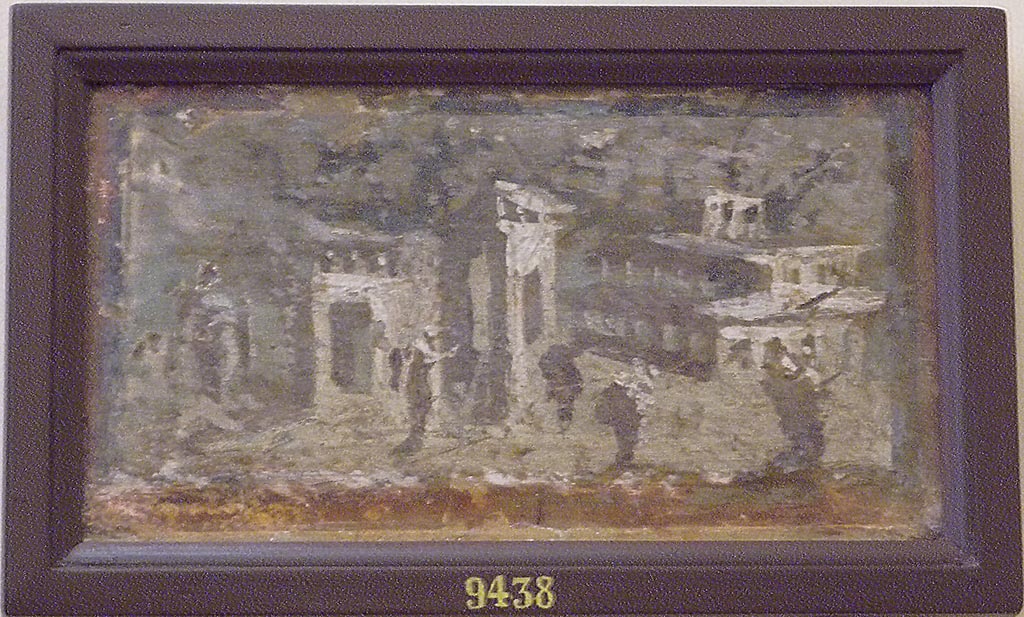 IX.12.4 Pompeii. Painting of two temples with lean-to roofs on the left, and a basilica-type building to the rear on the right.
Now in Naples Archaeological Museum. Inventory no: 9438.
See Peters, W.J.T. Landscape in Romano-Campanian Mural Painting. (p. 159, fig.156).
According to Spinazzola, this painting was also the decoration from the zoccolo of an upper floor room.
See Spinazzola, V. Pompei, alla luce degli Scavi Nuovi di Via dell’Abbondanza (Anni 1910-1923), Vol.2, p.719, fig.690.
According to Pagano & Prisciandaro, this was found 12/7/1760, with another 3 paintings all with blue backgrounds, (9151, 9465, 9436)
See Pagano, M. and Prisciandaro, R., 2006. Studio sulle provenienze degli oggetti rinvenuti negli scavi borbonici del regno di Napoli. Naples: Nicola Longobardi. (p. 34-5)