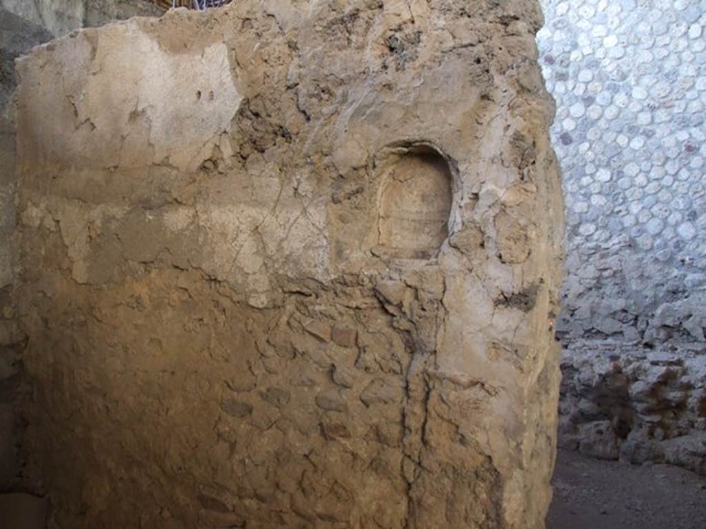 IX.12.6 Pompeii. March 2009. Room “f”, niche in wall in north-west corner.
Room “g”, behind the niche, has the stone bench against the wall.