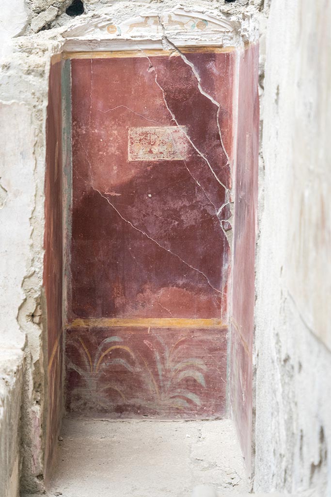 IX.12.6 Pompeii. July 2024. Room “n2”, in south-west corner of room “n1”.
Looking south to wall with painted plants. Photo courtesy of Johannes Eber.