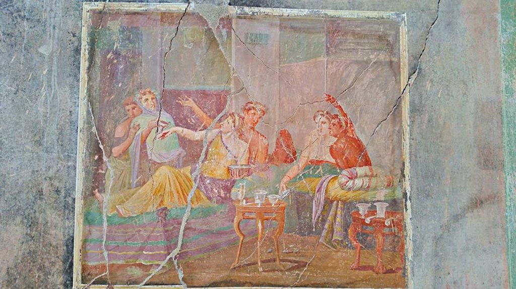 IX.12.6 Pompeii. 2016/2017.
Room “m”, painting of banqueting scene from west wall of triclinium. Photo courtesy of Giuseppe Ciaramella.