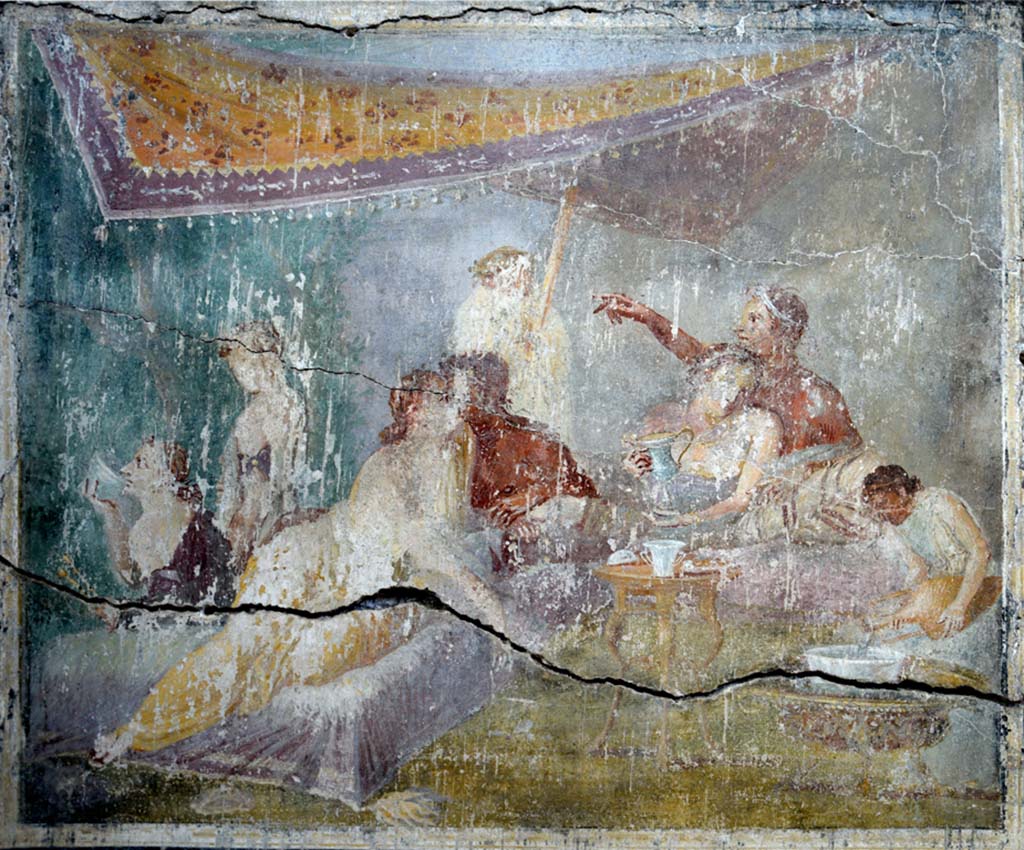 IX.12.6 Pompeii. February 2017.
Room “m”, painting of banqueting scene from north wall of triclinium. Photo courtesy of Johannes Eber.
