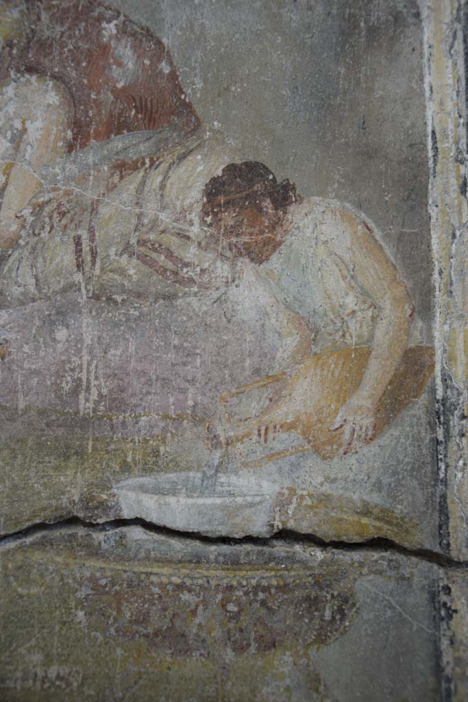 IX.12.6 Pompeii. February 2017.
Room “m”, detail of figure pouring wine in banqueting scene on north wall.
Photo courtesy of Johannes Eber.