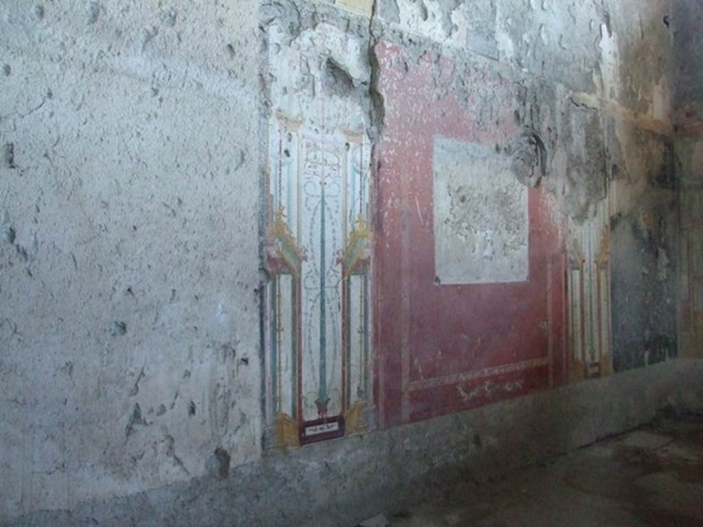 IX.12.9 Pompeii. March 2009. Room “u”, north wall. The unfinished north wall in the oecus or large sitting room.
The central panel of the wall contains only a traced outline of a scene that has not yet been painted.
Paint pots and the remains of brushes were also found abandoned here. This gave the house its name.