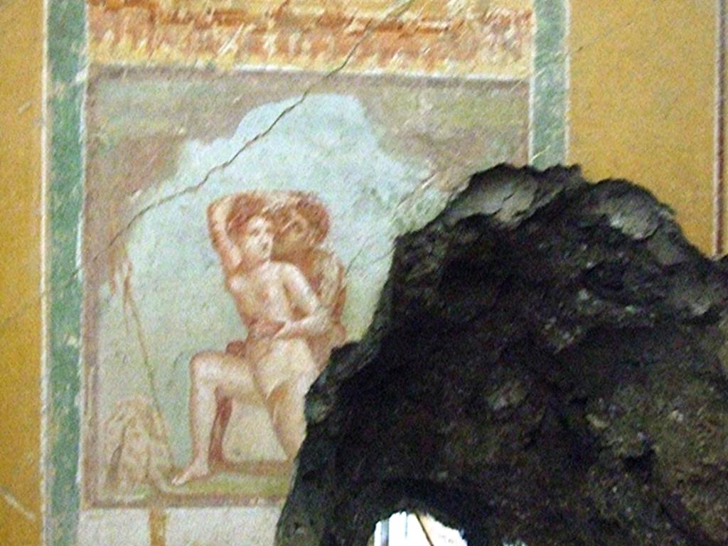 IX.12.9 Pompeii. March 2009. Room12, west wall. Central painting of maenad and satyr. See Varone, A., 2001. Eroticism in Pompeii, Rome: L’erma di Bretschneider, p.65, fig 61.