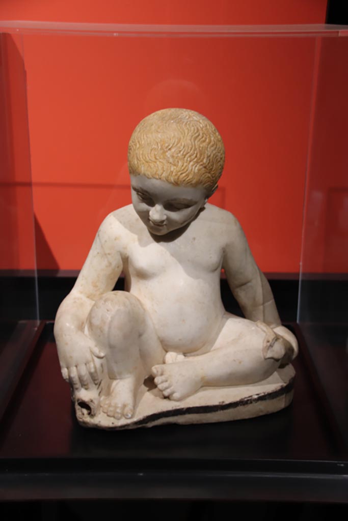 IX.12.9 Pompeii. May 2024. Fountain statuette of a boy and dolphin. Photo courtesy of Klaus Heese.
On display in exhibition entitled - “L’altra Pompei, vite comuni all’ombra del Vesuvio”.