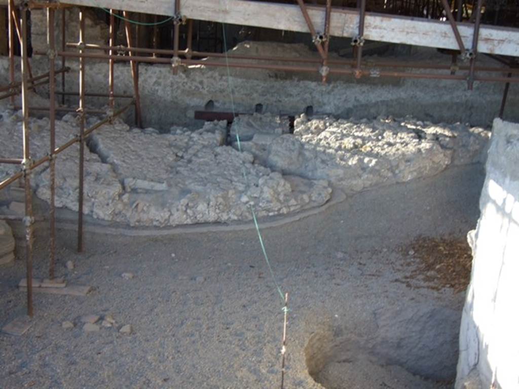 IX.12.A/IX.12.9 Pompeii. March 2009. Looking north across room 10.
Insula under excavation, showing the collapsed upper storey wall shaken from its base.
