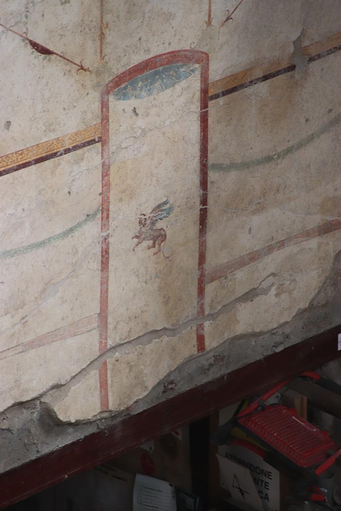 IX.12.9 Pompeii. October 2024.
Room 13, detail from upper east wall at south end. Photo courtesy of Klaus Heese.