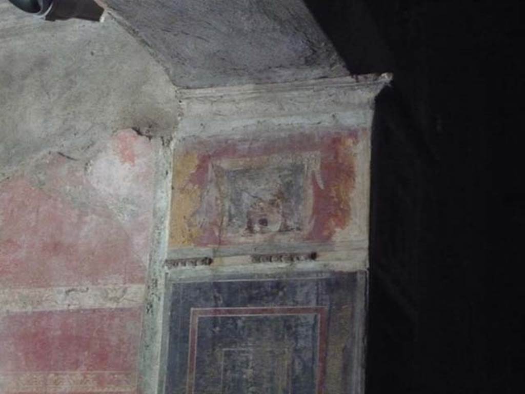 IX.13.1-3 Pompeii. May 2012. Room 25, upper corner pilaster at south end of east wall. Photo courtesy of Buzz Ferebee.