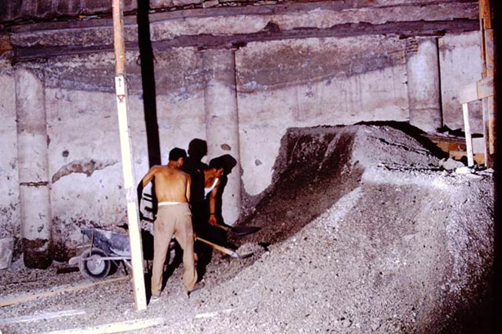 IX.13.1-3 Pompeii, 1973. Removal of lapilli near west wall of peristyle garden. Photo by Stanley A. Jashemski.
Source: The Wilhelmina and Stanley A. Jashemski archive in the University of Maryland Library, Special Collections (See collection page) and made available under the Creative Commons Attribution-Non Commercial License v.4. See Licence and use details. J73f0268
