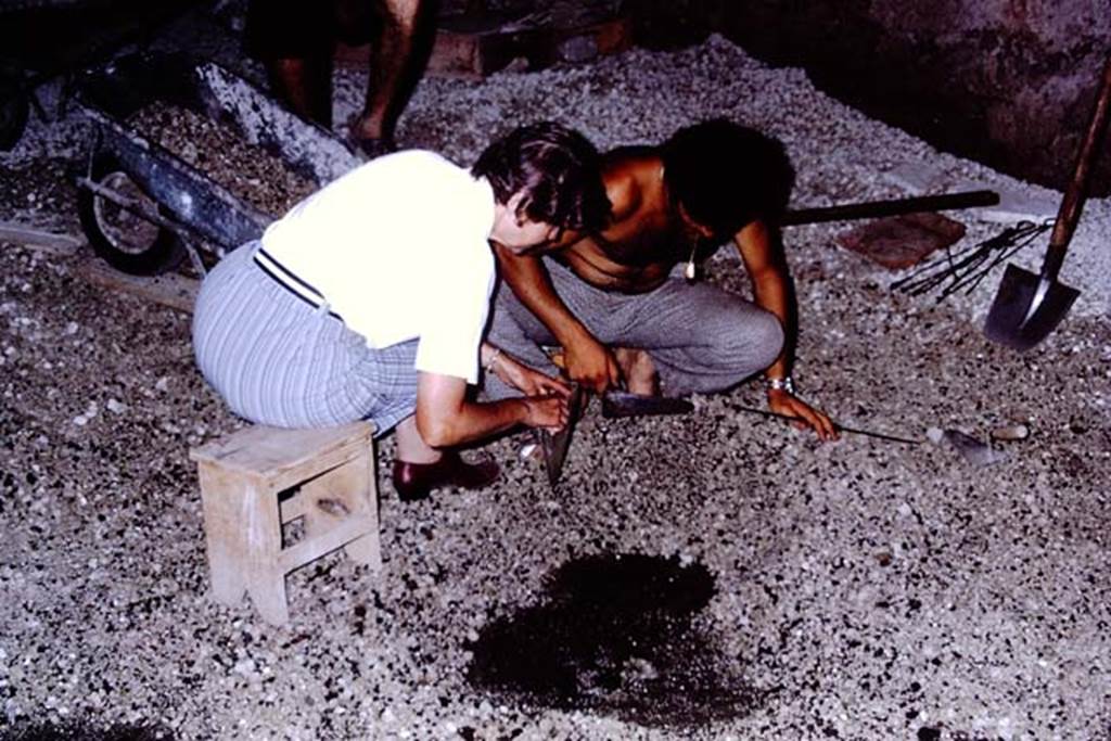 IX.13.1-3 Pompeii, 1973. Wilhelmina examining. Photo by Stanley A. Jashemski.
Source: The Wilhelmina and Stanley A. Jashemski archive in the University of Maryland Library, Special Collections (See collection page) and made available under the Creative Commons Attribution-Non Commercial License v.4. See Licence and use details. J73f0294