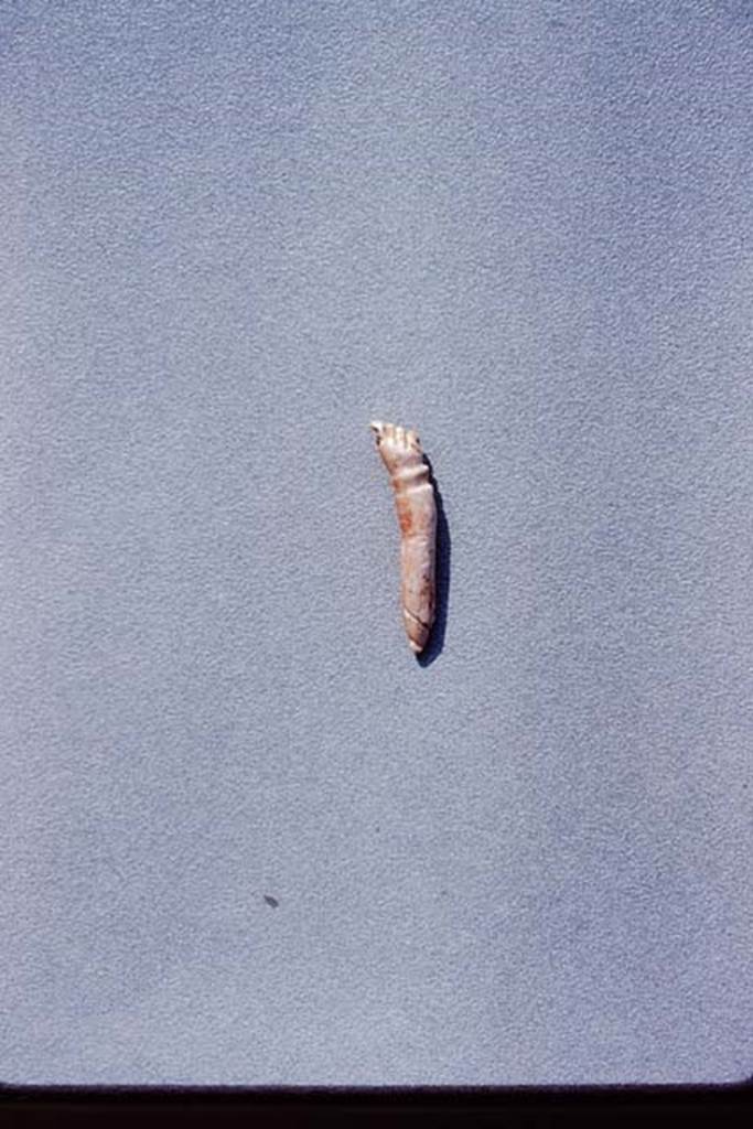 IX.13.1-3 Pompeii, 1973. A small piece of coral, (reverse side), less than one inch in length, carved with a tiny hand at one end and a phallus at the other. Photo by Stanley A. Jashemski.
Source: The Wilhelmina and Stanley A. Jashemski archive in the University of Maryland Library, Special Collections (See collection page) and made available under the Creative Commons Attribution-Non Commercial License v.4. See Licence and use details. J73f0782