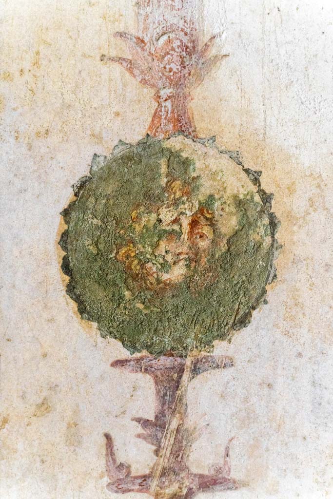 IX.13.1-3 Pompeii. October 2021.
Room 11, detail of painted decoration/medallion from south side of central painting on east wall.
Photo courtesy of Johannes Eber.