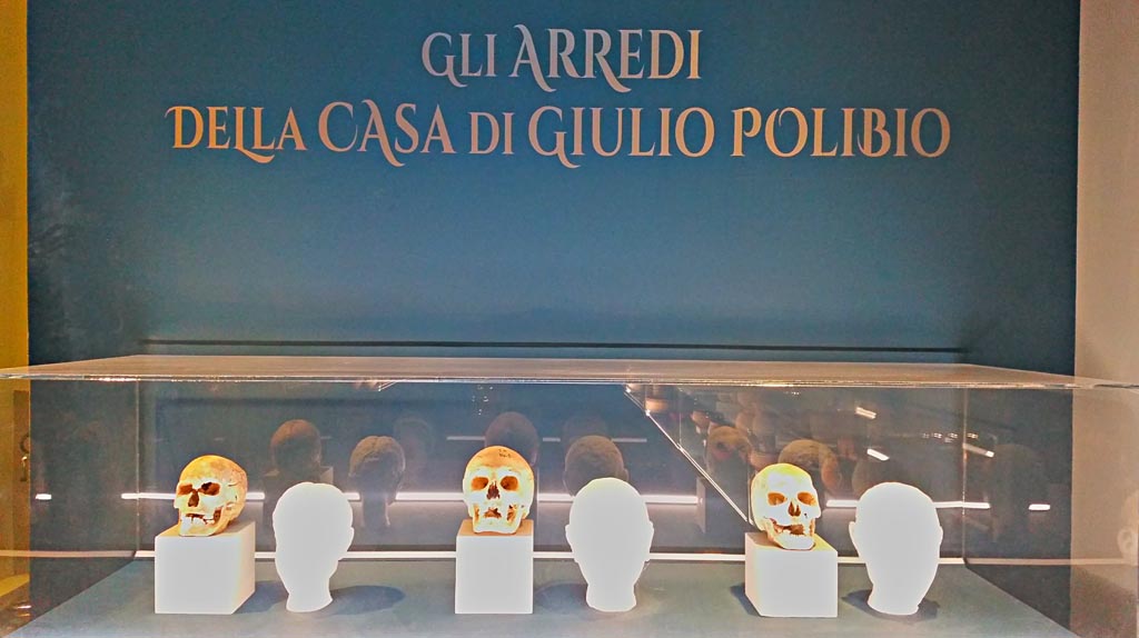 IX.13.1-3 Pompeii. December 2019. Room 10, heads of skeletons found in house, and their reconstructed faces.
From left to right, the face of a young girl of around 20 years in the last months of pregnancy at the time of the eruption; that of an adult male between 25 and 35 years of age; and that of an old man of around 60 years. Photo courtesy of Giuseppe Ciaramella.
(Photographed at an exhibition “The furnishings of the House of Julius Polybius” (Guilio Polibio)).