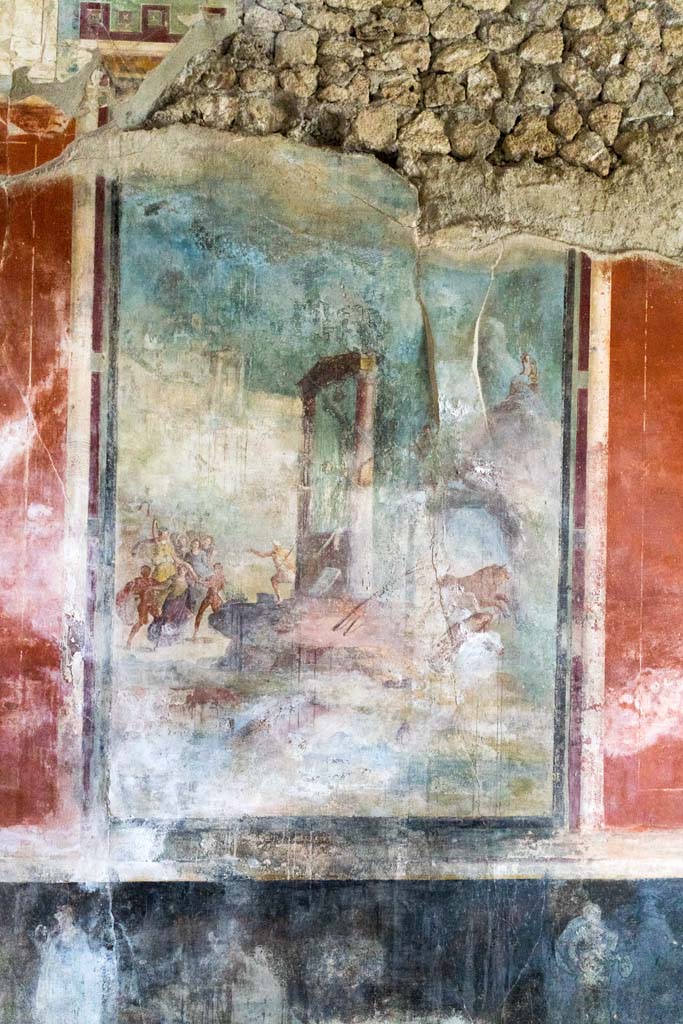 IX.13.1-3 Pompeii. October 2021.
Room 13, east wall, wall painting of Punishment of Dirce. Photo courtesy of Johannes Eber.