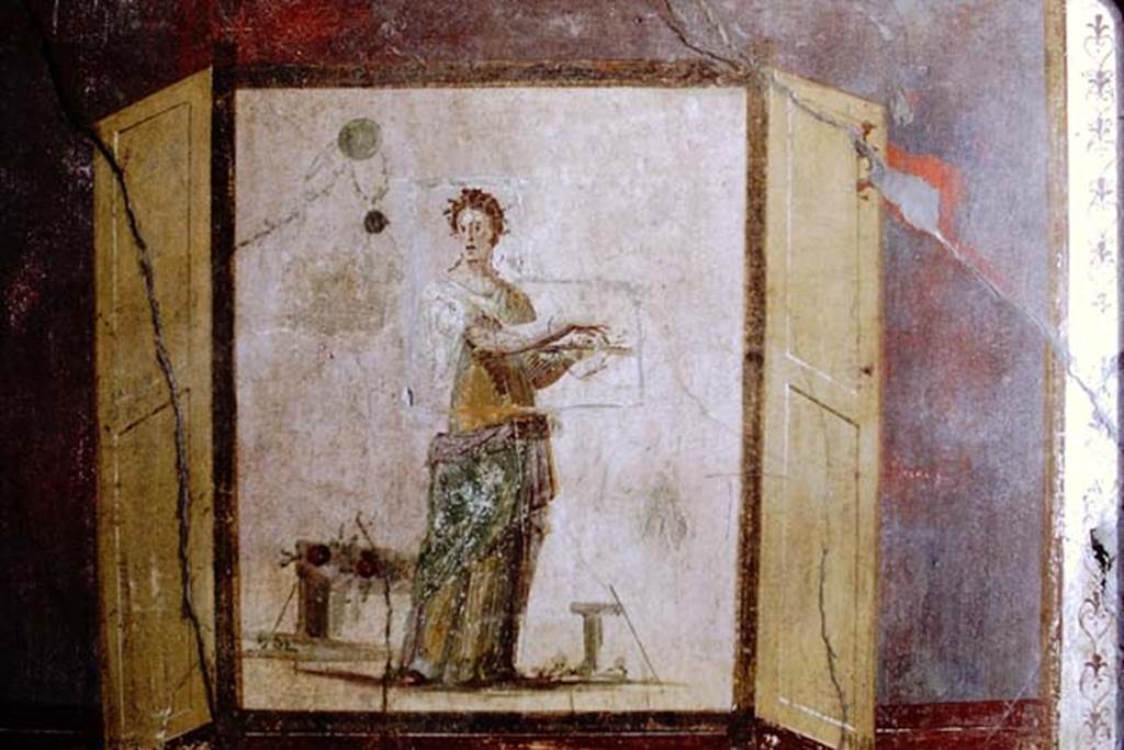 IX.14.4 Pompeii. 1968. Room 5, painting from west wall of cubiculum. Photo by Stanley A. Jashemski.
Source: The Wilhelmina and Stanley A. Jashemski archive in the University of Maryland Library, Special Collections (See collection page) and made available under the Creative Commons Attribution-Non Commercial License v.4. See Licence and use details. J68f1536
According to PPM, this painting of a young woman making an offering, was stolen in 1982.
See Carratelli, G. P., 1990-2003. Pompei: Pitture e Mosaici. Vol X. Roma: Istituto della enciclopedia italiana. (p.429).
