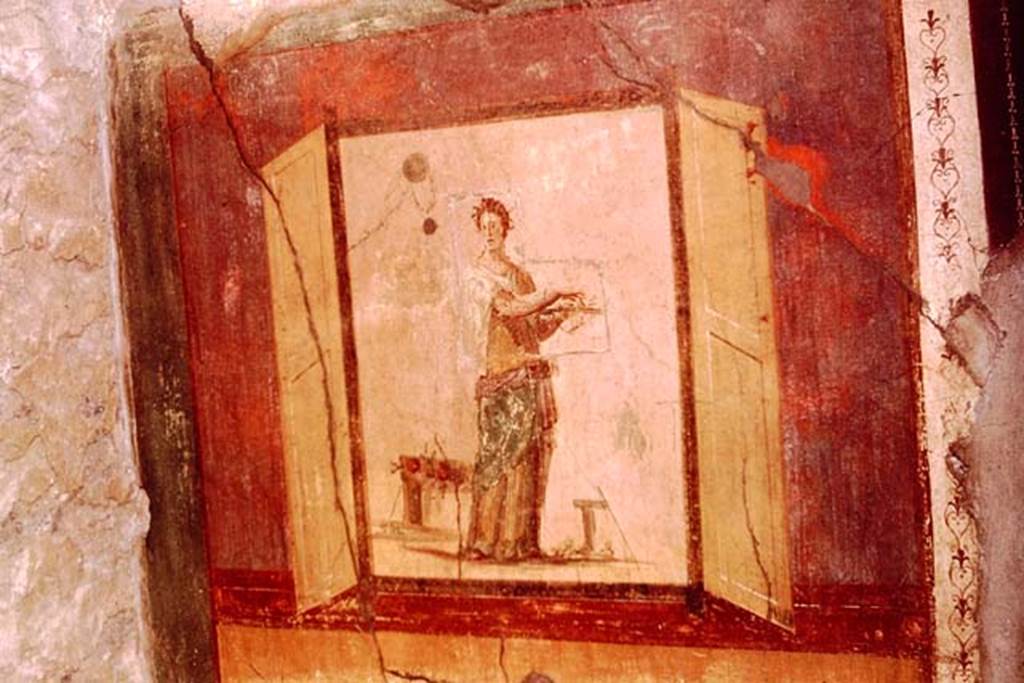 IX.14.4 Pompeii. 1961. Room 5, painting from west wall of cubiculum. Photo by Stanley A. Jashemski.
Source: The Wilhelmina and Stanley A. Jashemski archive in the University of Maryland Library, Special Collections (See collection page) and made available under the Creative Commons Attribution-Non Commercial License v.4. See Licence and use details.
J61f0413