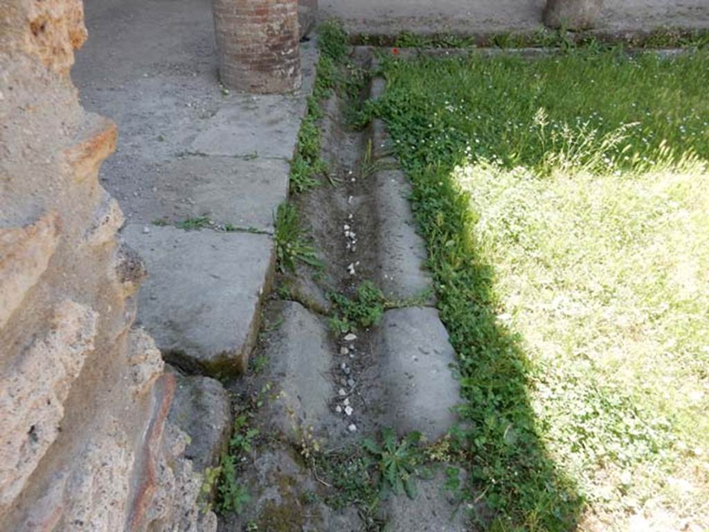 IX.14.4 Pompeii. May 2017.
Water channel/gutter around the base of the peristyle 1 columns in south-west corner of peristyle, near rooms 3 and 5.
Photo courtesy of Buzz Ferebee.