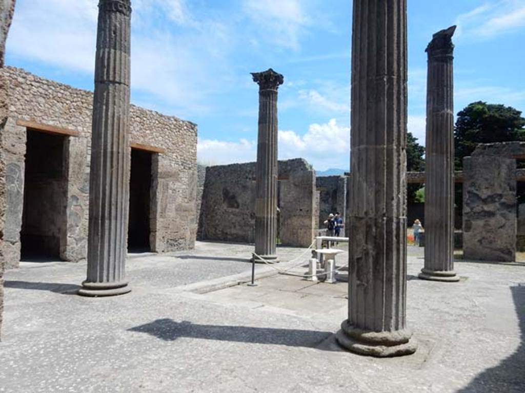 IX.14.4 Pompeii. May 2017.
Looking south-east across atrium towards doorways to rooms E, F and east ala G. Photo courtesy of Buzz Ferebee.