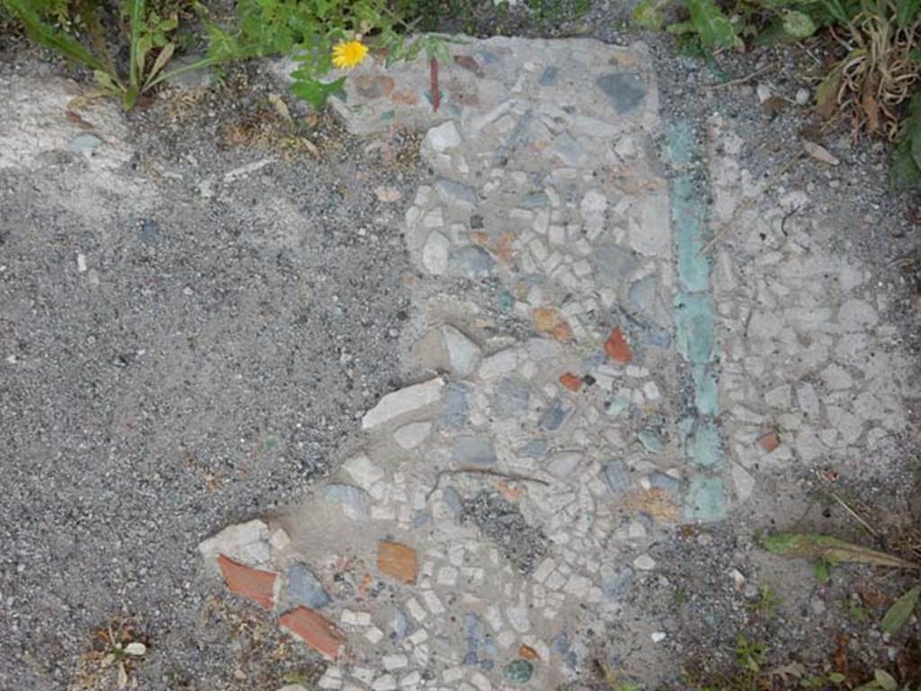 IX.14.4 Pompeii. May 2017. Detail of flooring at base of stairs, consisting of coloured limestone chippings with a border of green limestone rectangular edgings/slabs.
Around the margin of the border were white chippings. Photo courtesy of Buzz Ferebee.