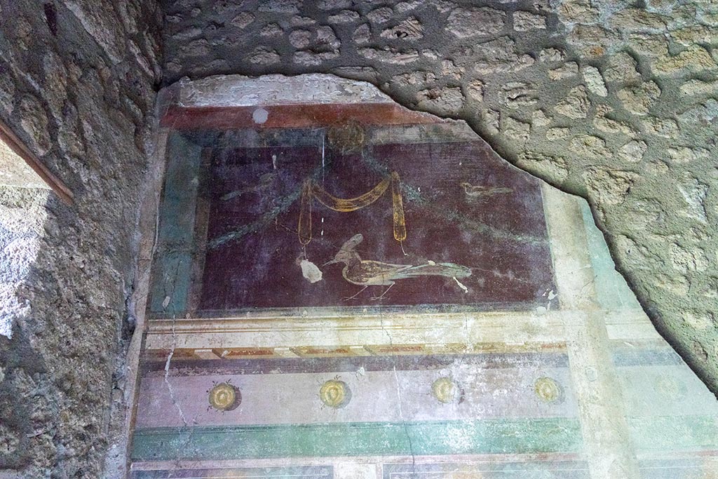 IX.14.4 Pompeii. July 2024. Room 14, oecus, upper south wall in south-east corner. Photo courtesy of Johannes Eber.