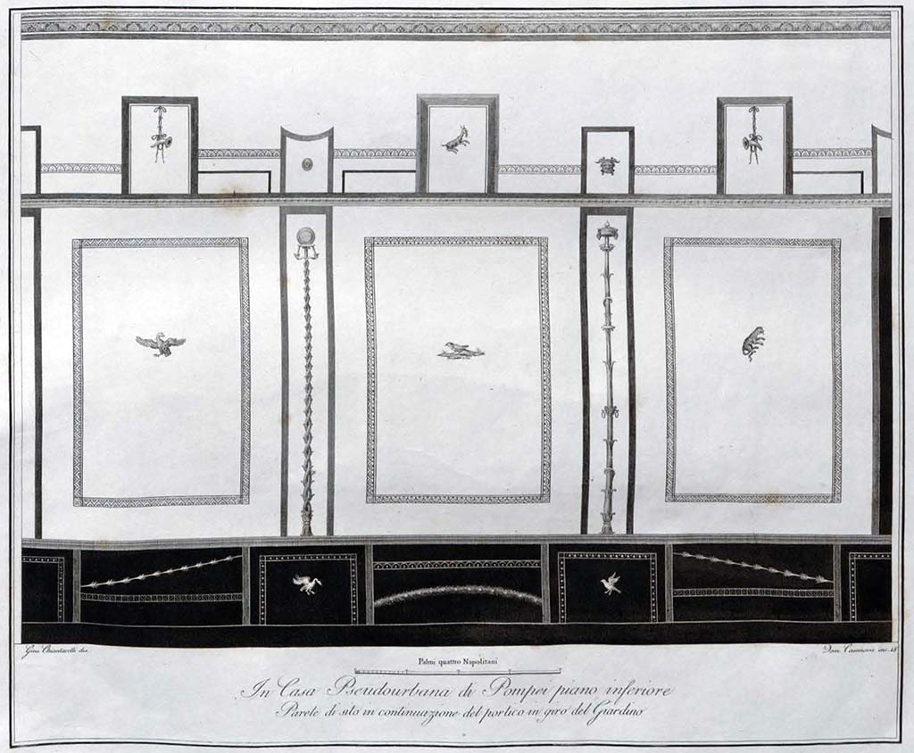 HGW24 Pompeii. Wall in corridor 5 a, the continuation of the portico of the garden.
Drawing by Giuseppe Chiantarelli, engraved by Casanova.
See Gli Ornati delle Pareti ed I Pavimenti delle Stanze dell’Antica Pompei, 1838, (No.18).
(Villa Diomedes Project – area 46).
(Fontaine, corridor 5a, on the right would be the different decoration of the wall of the portico 5b, which had black, yellow and red decoration).