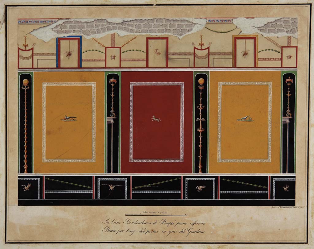 HGW24 Pompeii. Drawing by Chiantarelli, showing the black, yellow and red decorated walls of the (south) wall around the portico of the garden.
Now in Naples Archaeological Museum. Inventory number ADS1166
(Villa Diomedes Project – area 63).
(Fontaine, room 5b)
Photo © ICCD. http://www.catalogo.beniculturali.it
Utilizzabili alle condizioni della licenza Attribuzione - Non commerciale - Condividi allo stesso modo 2.5 Italia (CC BY-NC-SA 2.5 IT)