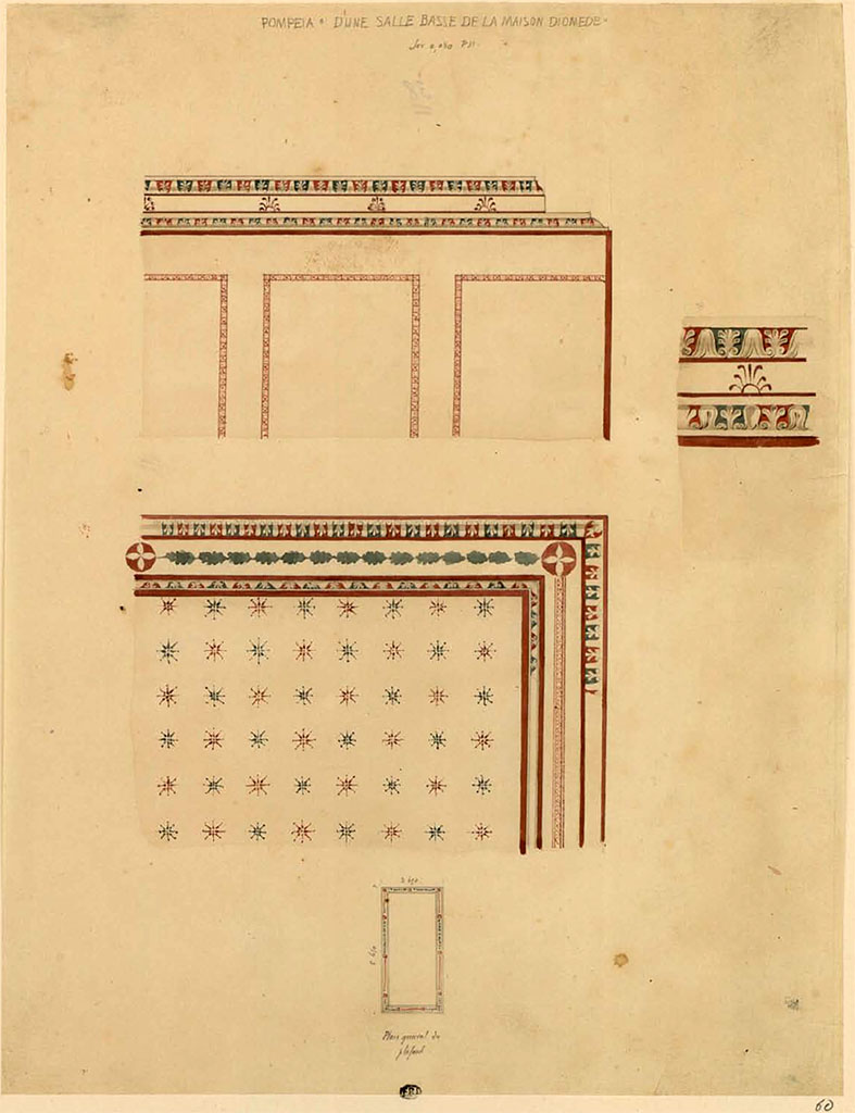 HGW24 Pompeii. Between 1823 and 1828, sketch by F. Duban of the ceiling decoration at the east end of north portico 5d.
See Duban F. Album de dessins d'architecture effectués par Félix Duban pendant son pensionnat à la Villa Medicis, entre 1823 et 1828: Tome 2, Pompéi, pl. 60.
INHA Identifiant numérique NUM PC 40425 (2) « Licence Ouverte / Open Licence » Etalab
(Fontaine, north portico, 5d).