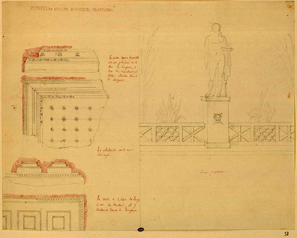 HGW24 Pompeii. Between 1823 and 1828, sketch by F. Duban.
At the top, left, is the ceiling decoration at the east end of north portico 5d.
And below, left, are details of the moulded coffer ceiling from south portico 5b.
The sketch on the right is from an unknown location in Villa of Diomedes.
See Duban F. Album de dessins d'architecture effectués par Félix Duban pendant son pensionnat à la Villa Medicis, entre 1823 et 1828 : Tome 2, Pompéi, pl. 58.
INHA Identifiant numérique NUM PC 40425 (2) « Licence Ouverte / Open Licence » Etalab
(Fontaine, north portico, 5d, and south portico, 5b).
The wording in the centre of the sketch above is difficult to read but seems to say –
« POMPEIA MAISON DIOMEDE PLAFOND.
(At the top) -La salle dans laquelle est ce plafond a 2 bas de largeur, 3 bas de hauteur et seize étoiles dans la largeur.
(In the centre) -Les plafonds sont en blocage.
(Lower sketch)- La salle a 2,640 de larg., 5,200 de hauteur, et 5 caissons dans la largeur. »
(Fontaine, north portico, 5d, and south portico, 5b).